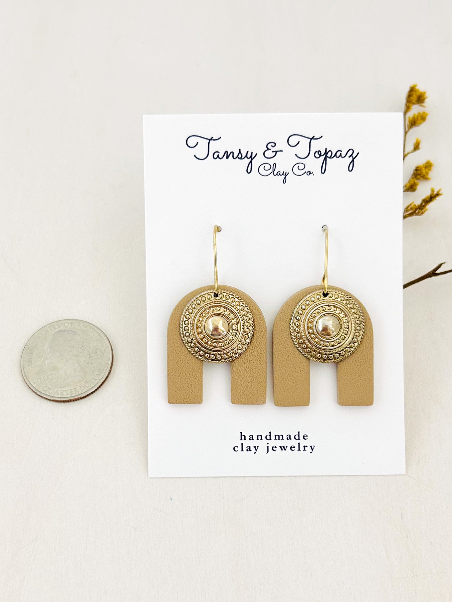 The Raina - Textured Neutral Arch Dangle Earrings with Coin Medallion Charm