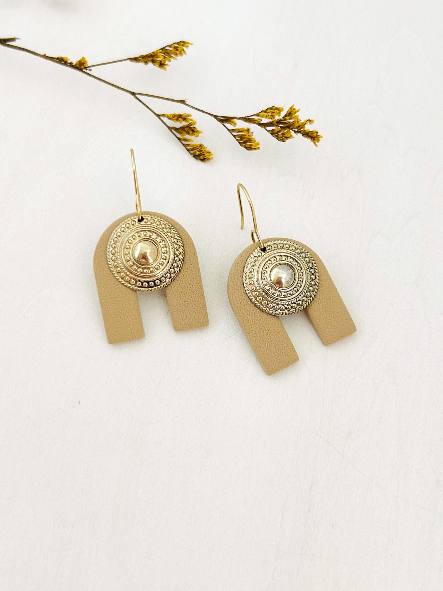 The Raina - Textured Neutral Arch Dangle Earrings with Coin Medallion Charm