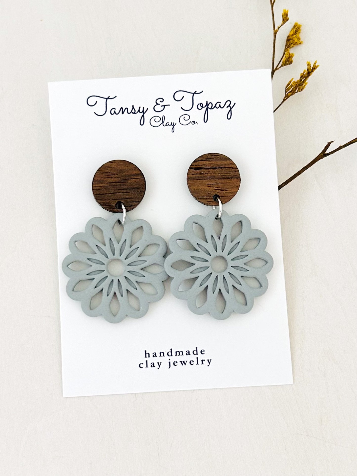 The Claudia - Boho Flower Dangle Earrings with Wood Topper