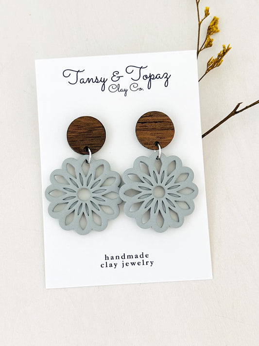 The Claudia - Boho Flower Dangle Earrings with Wood Topper