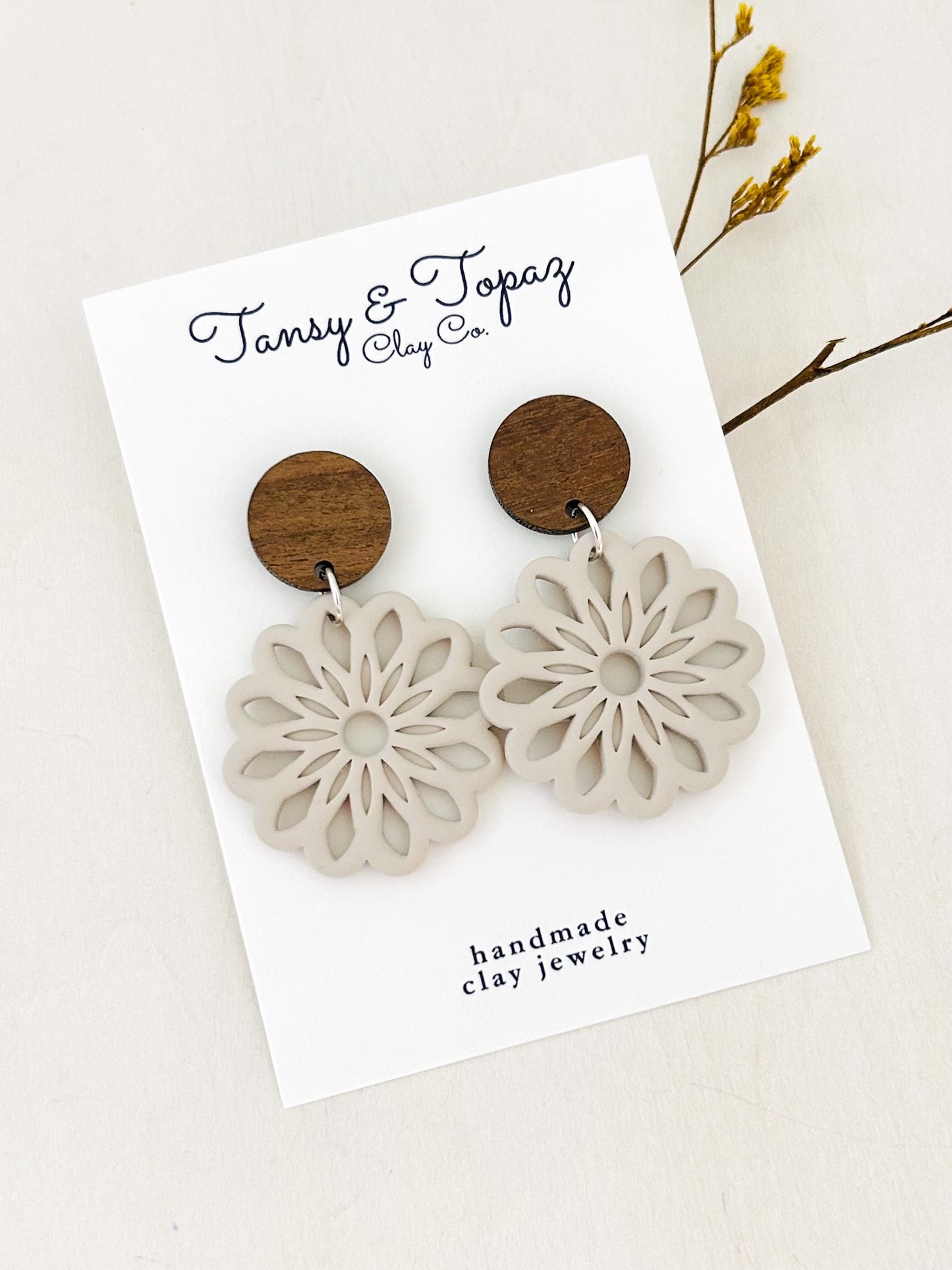 The Claudia - Boho Flower Dangle Earrings with Wood Topper