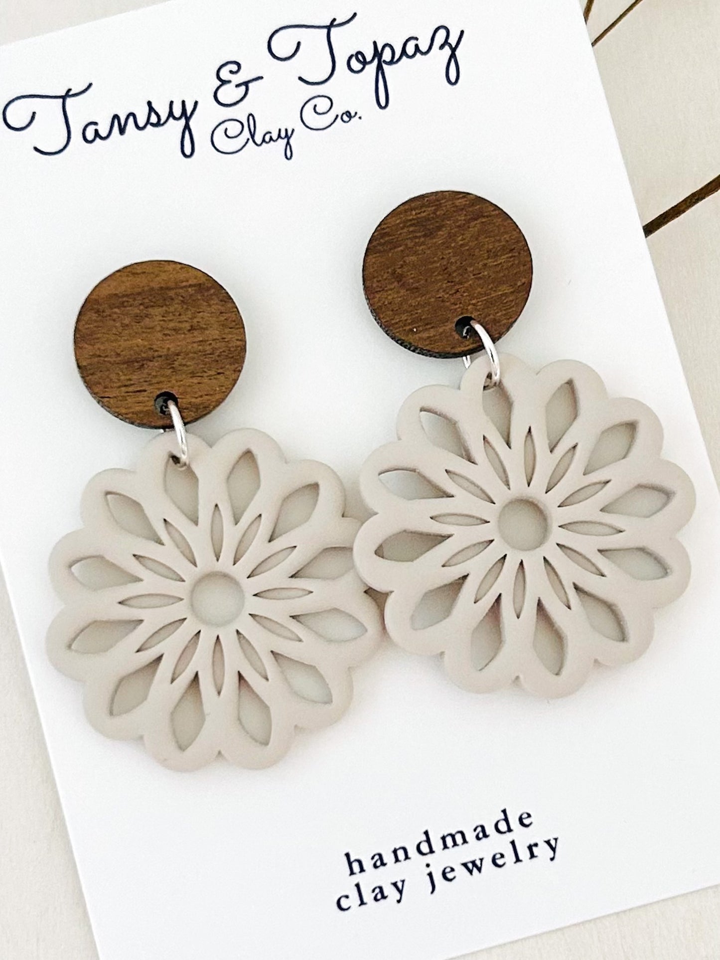 The Claudia - Boho Flower Dangle Earrings with Wood Topper
