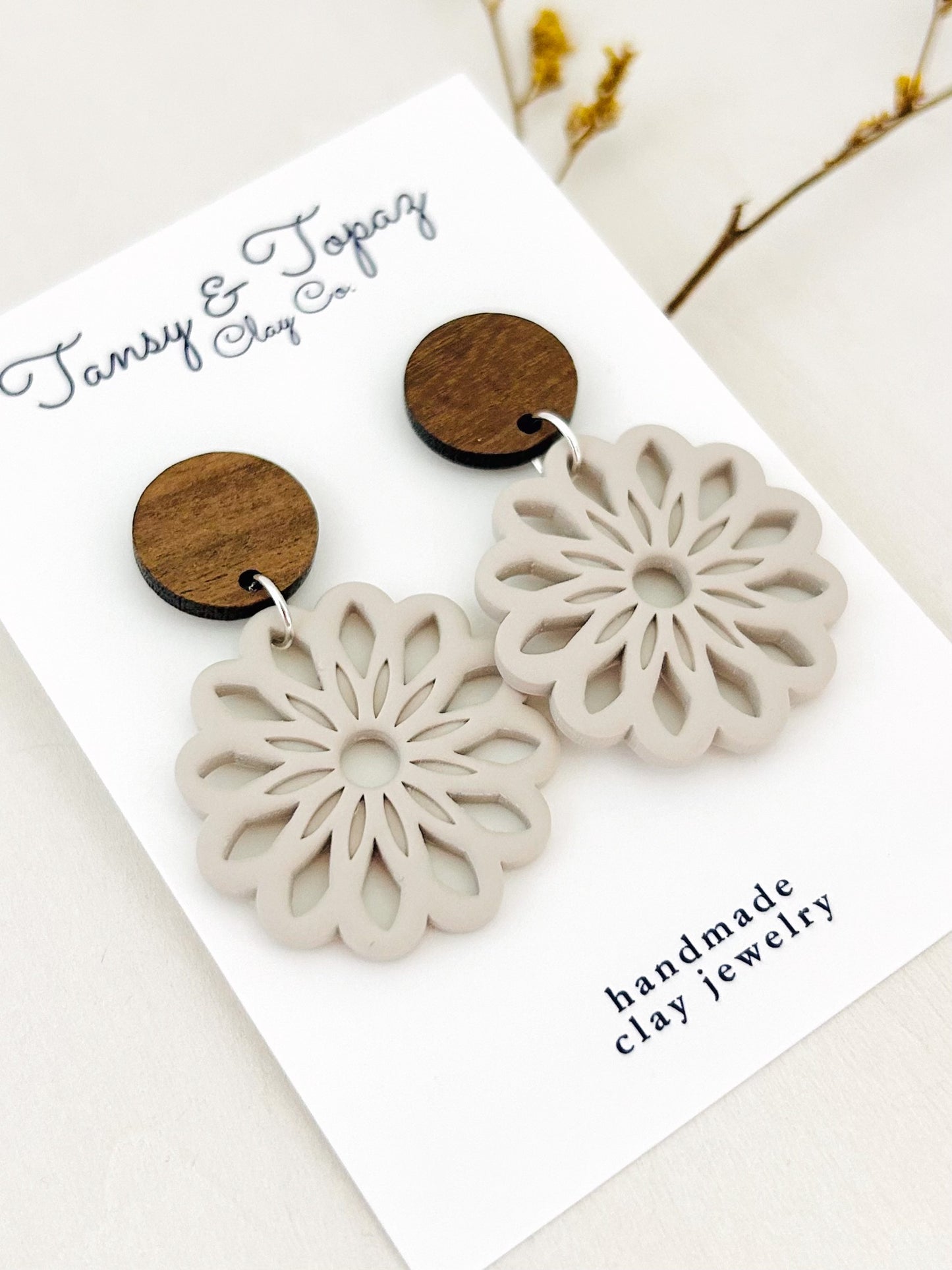 The Claudia - Boho Flower Dangle Earrings with Wood Topper
