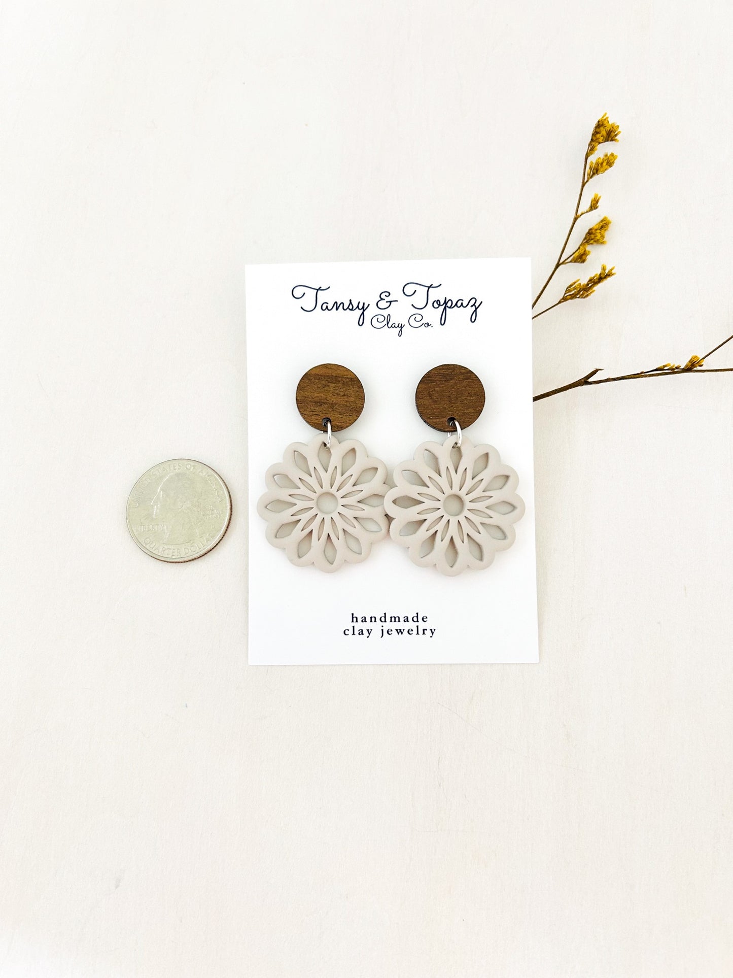 The Claudia - Boho Flower Dangle Earrings with Wood Topper