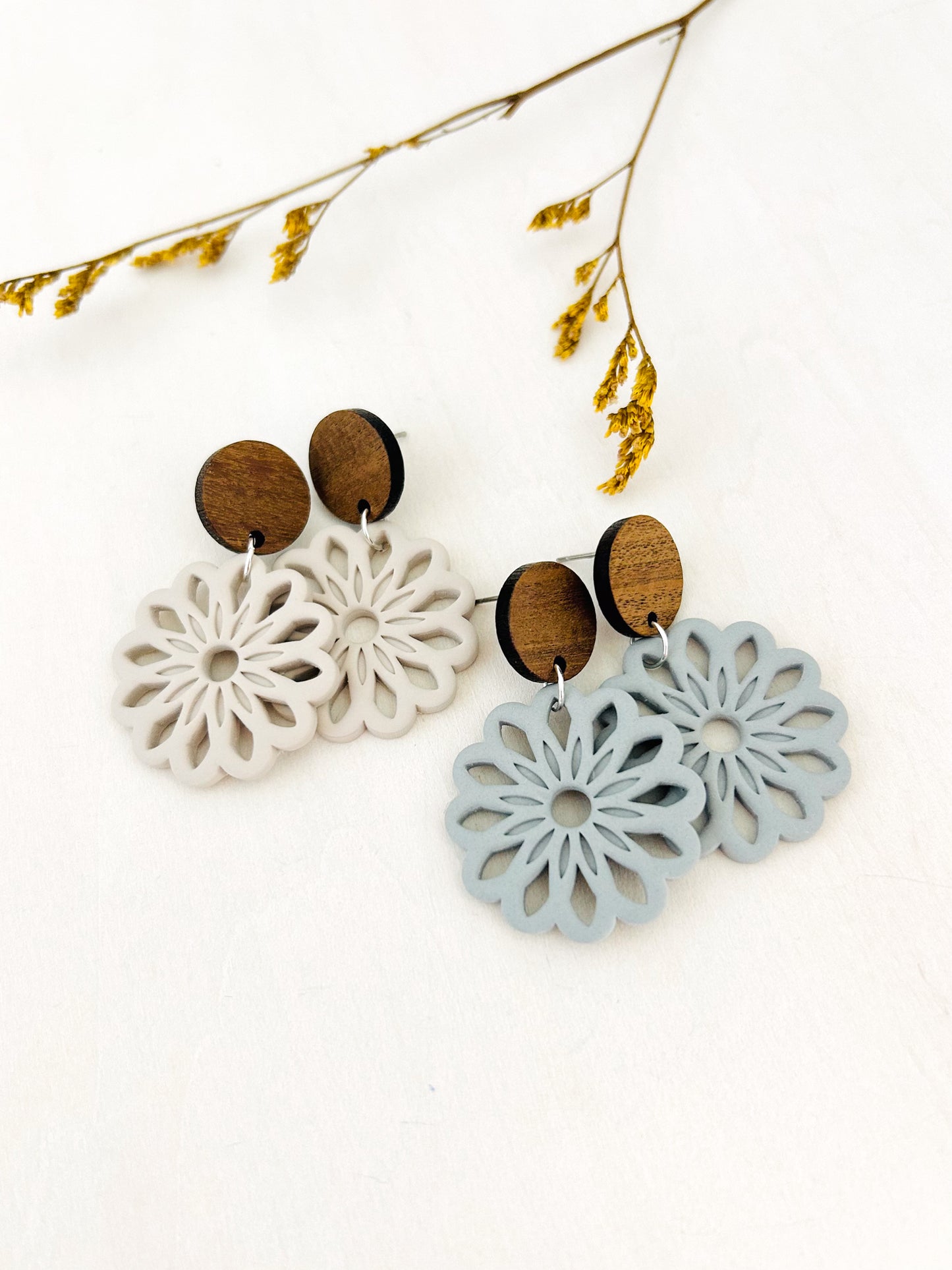The Claudia - Boho Flower Dangle Earrings with Wood Topper