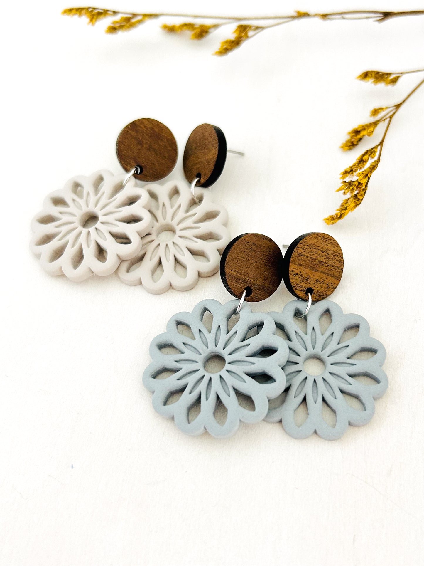 The Claudia - Boho Flower Dangle Earrings with Wood Topper