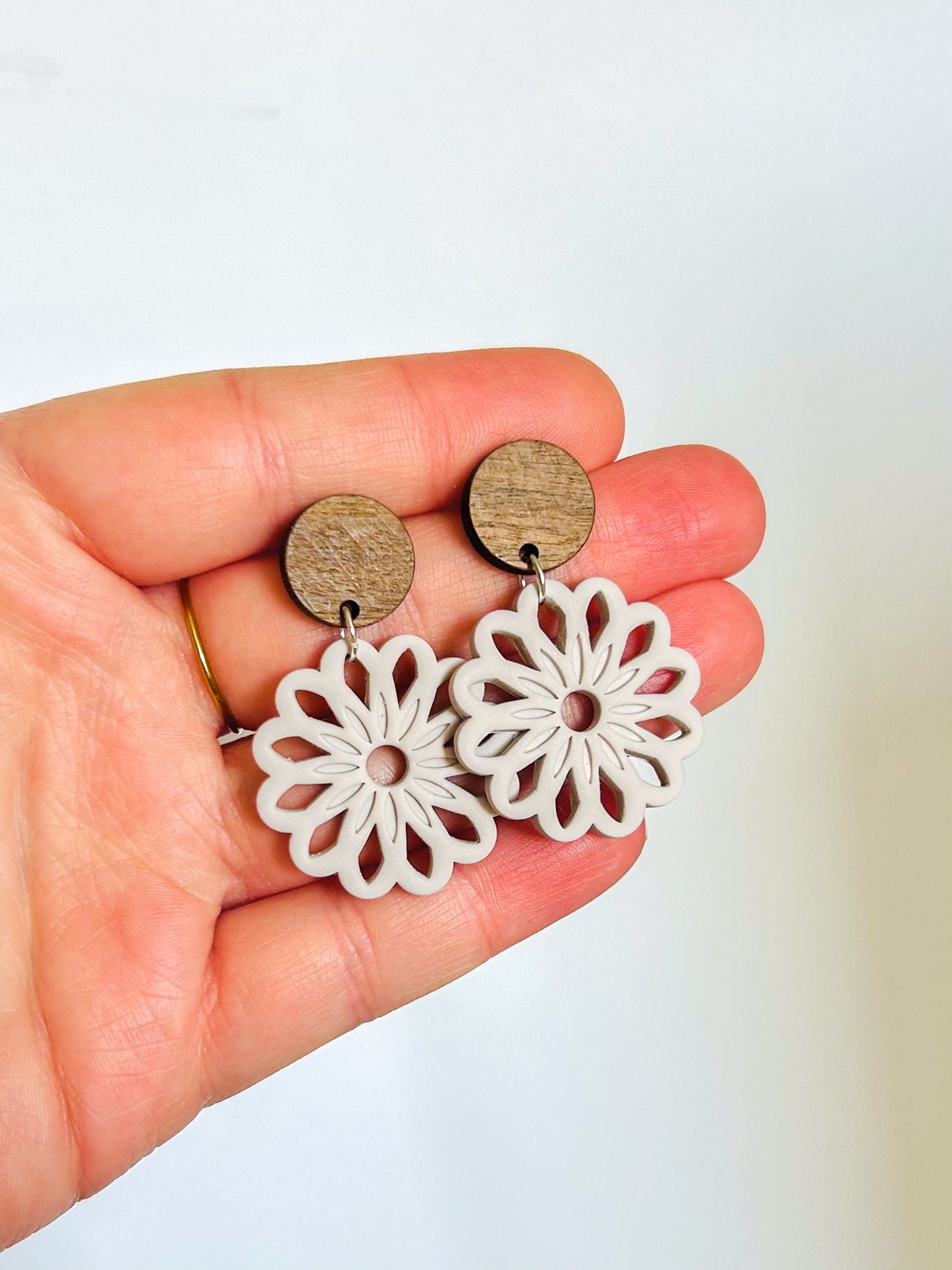 The Claudia - Boho Flower Dangle Earrings with Wood Topper