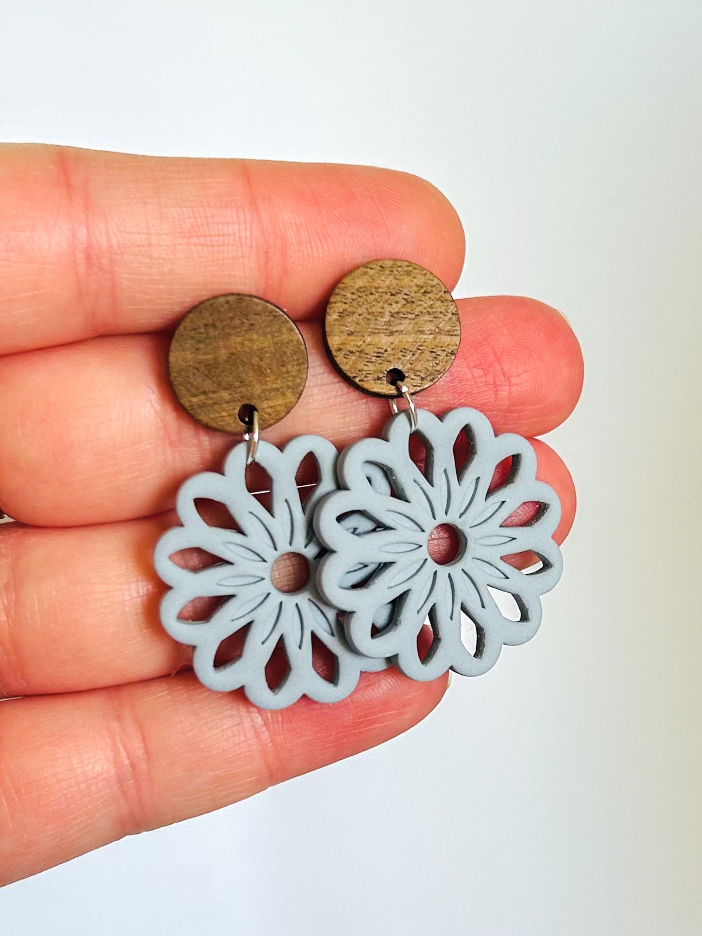 The Claudia - Boho Flower Dangle Earrings with Wood Topper