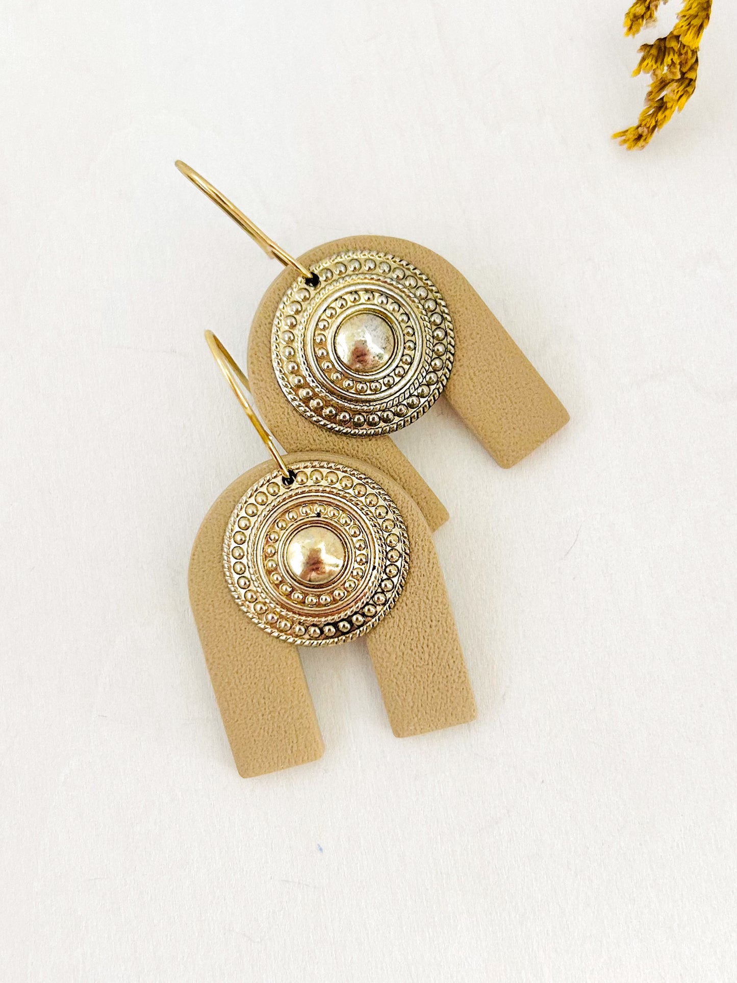 The Raina - Textured Neutral Arch Dangle Earrings with Coin Medallion Charm