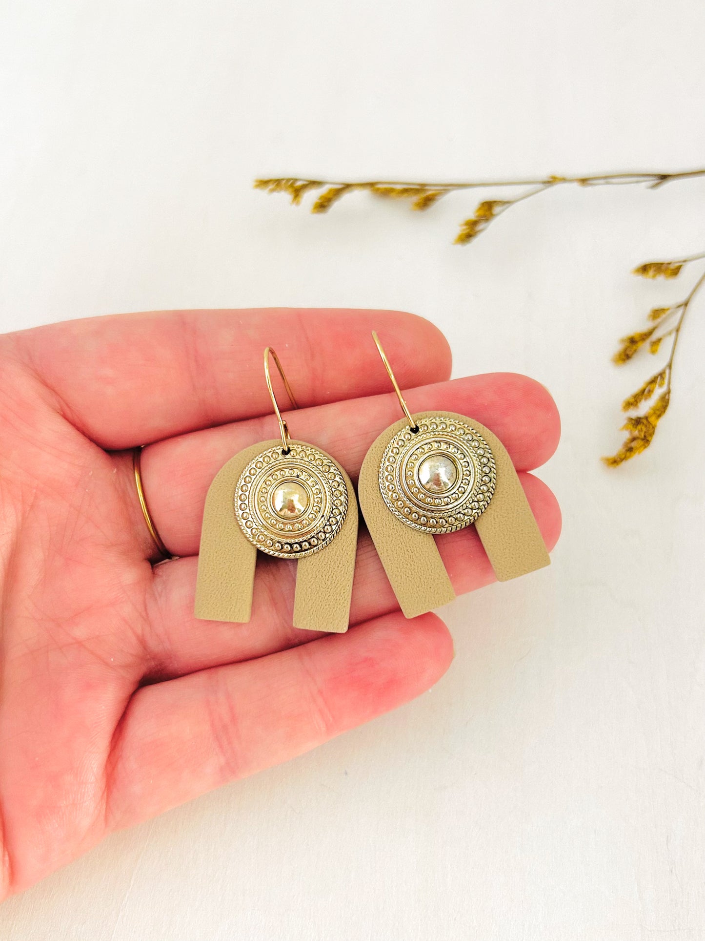 The Raina - Textured Neutral Arch Dangle Earrings with Coin Medallion Charm
