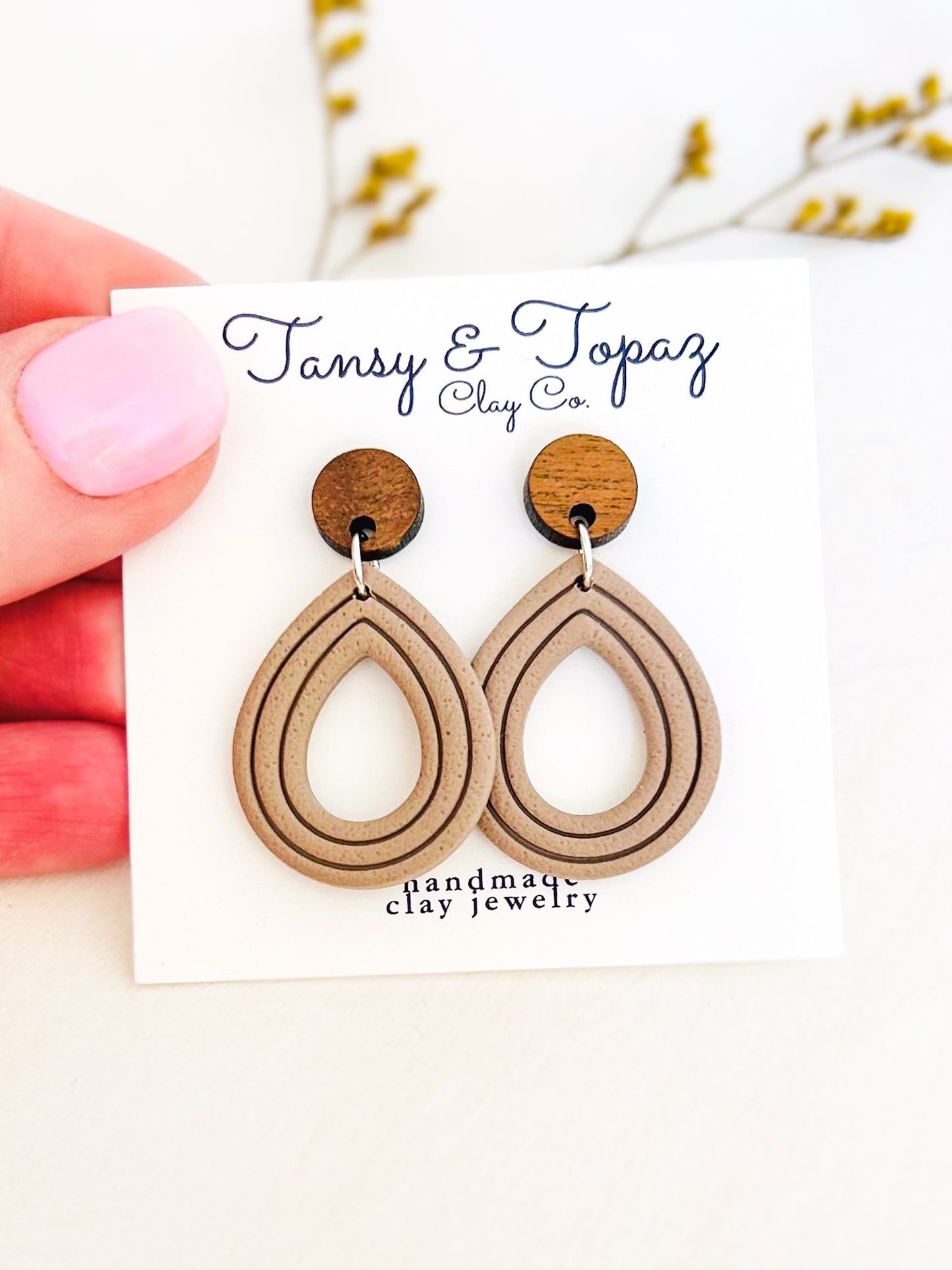 The Janelle - Textured Embossed Teardrop Dangles with Wood Topper