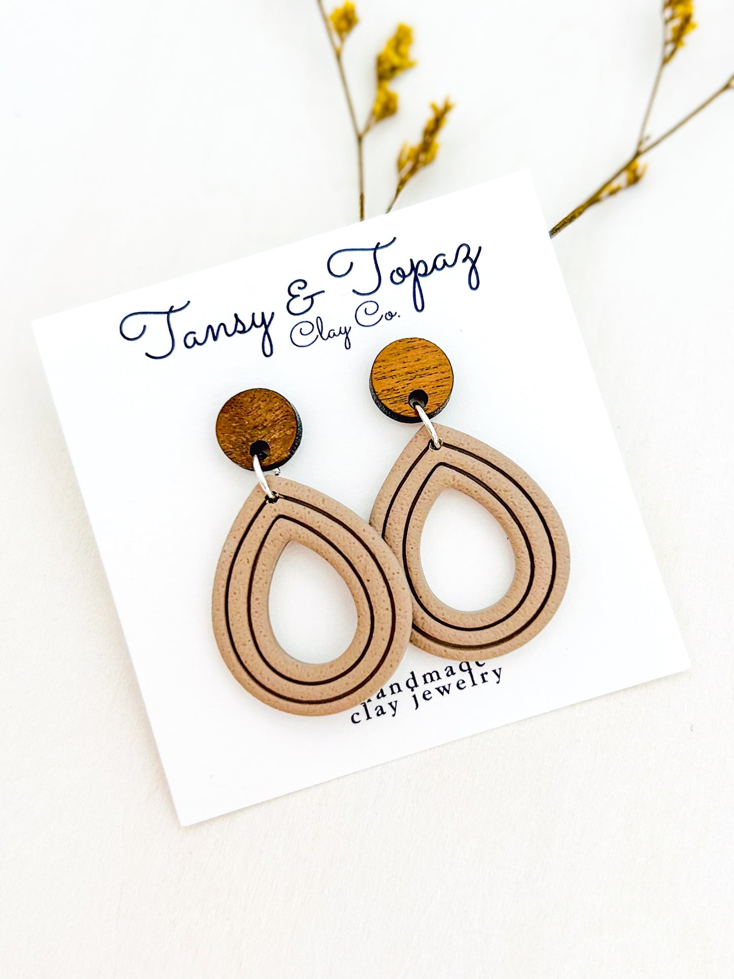 The Janelle - Textured Embossed Teardrop Dangles with Wood Topper