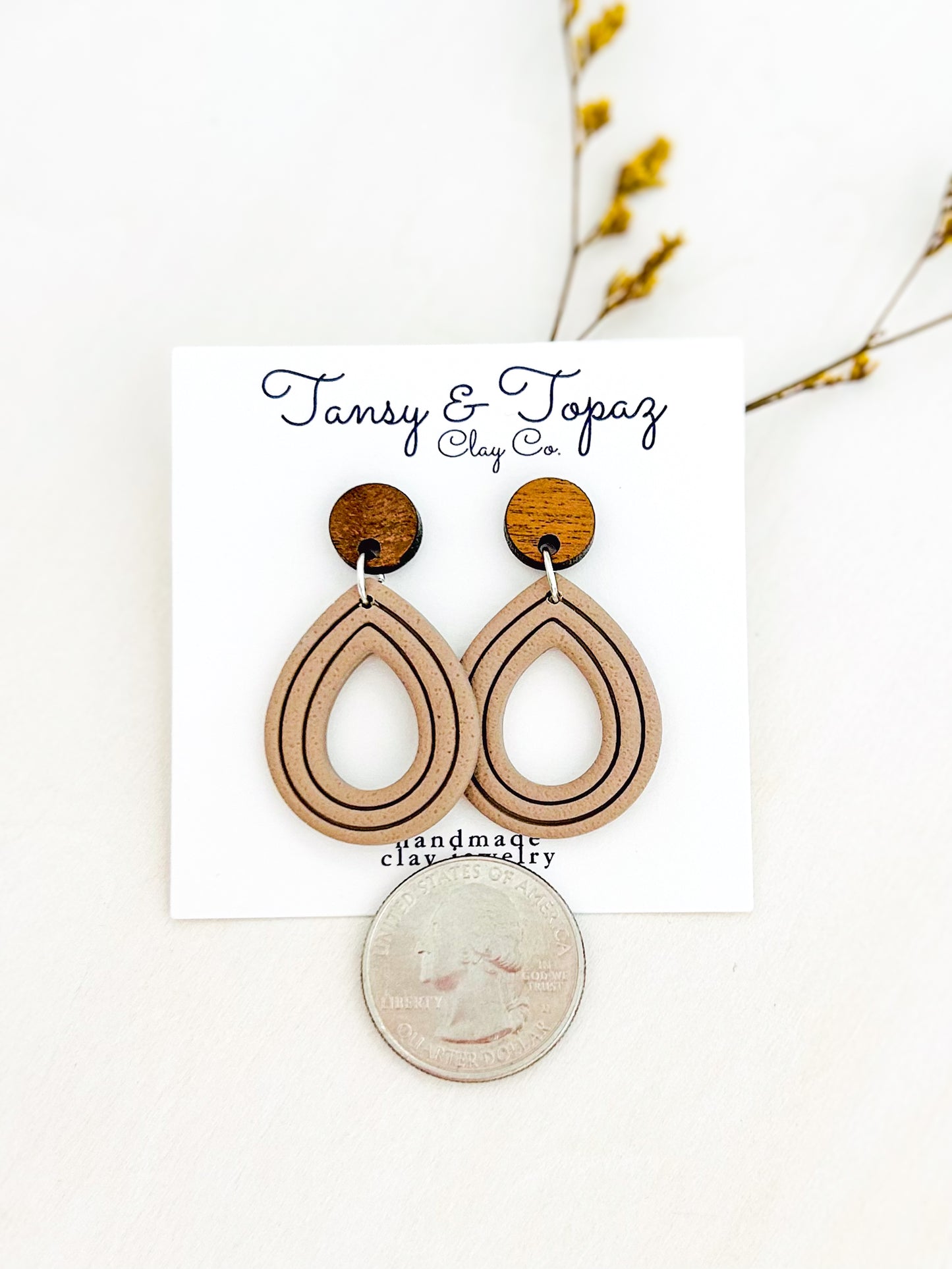 The Janelle - Textured Embossed Teardrop Dangles with Wood Topper