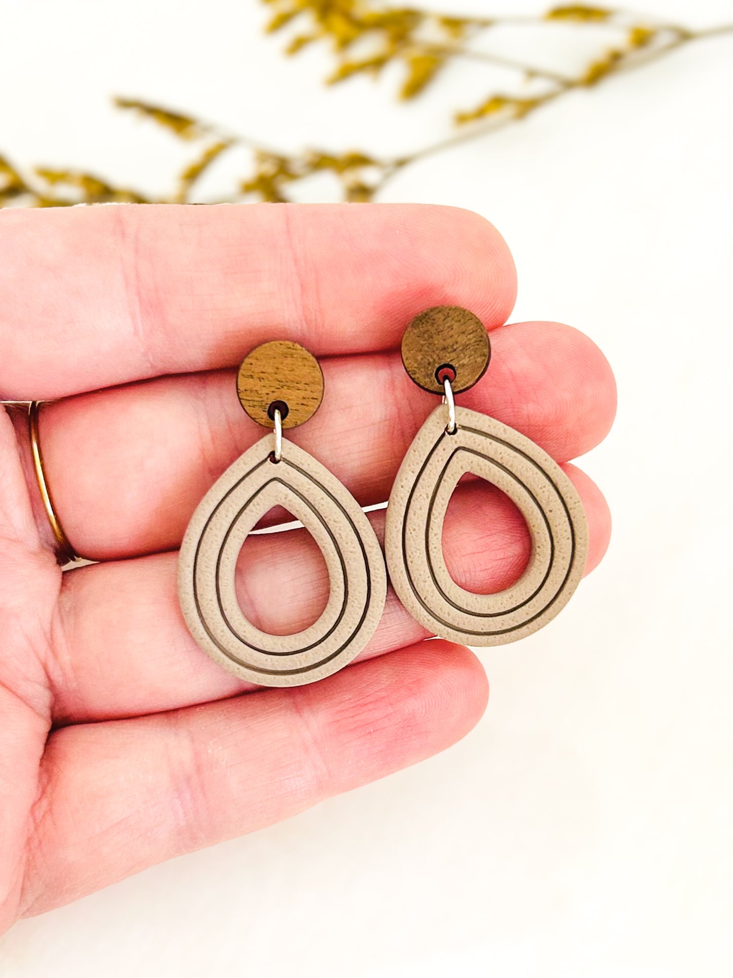The Janelle - Textured Embossed Teardrop Dangles with Wood Topper