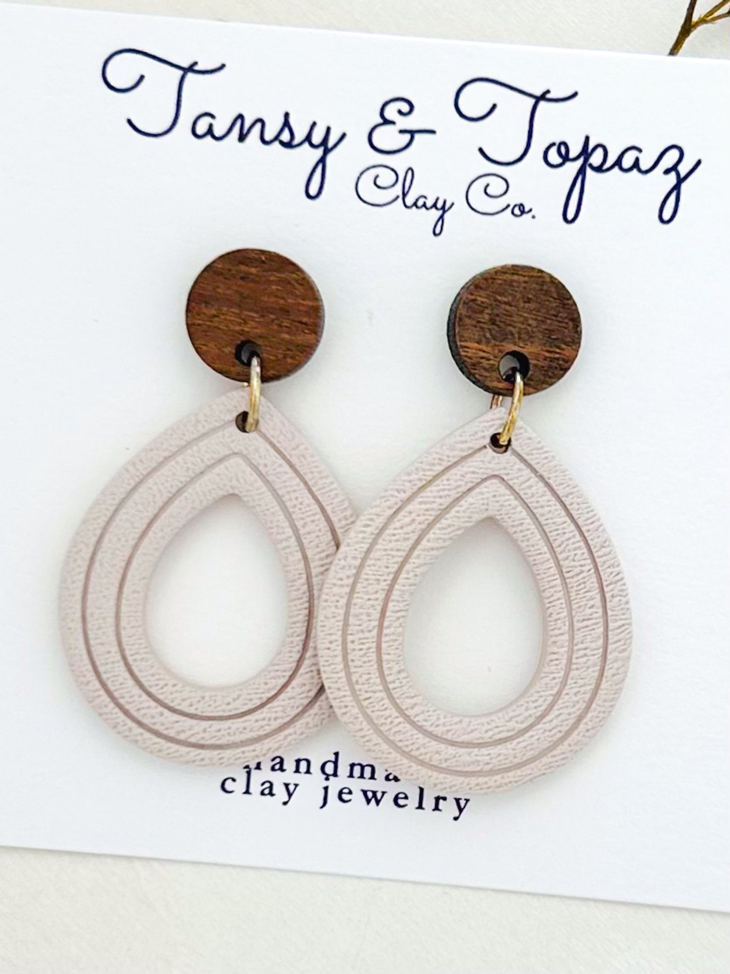 The Janelle - Textured Embossed Teardrop Dangles with Wood Topper