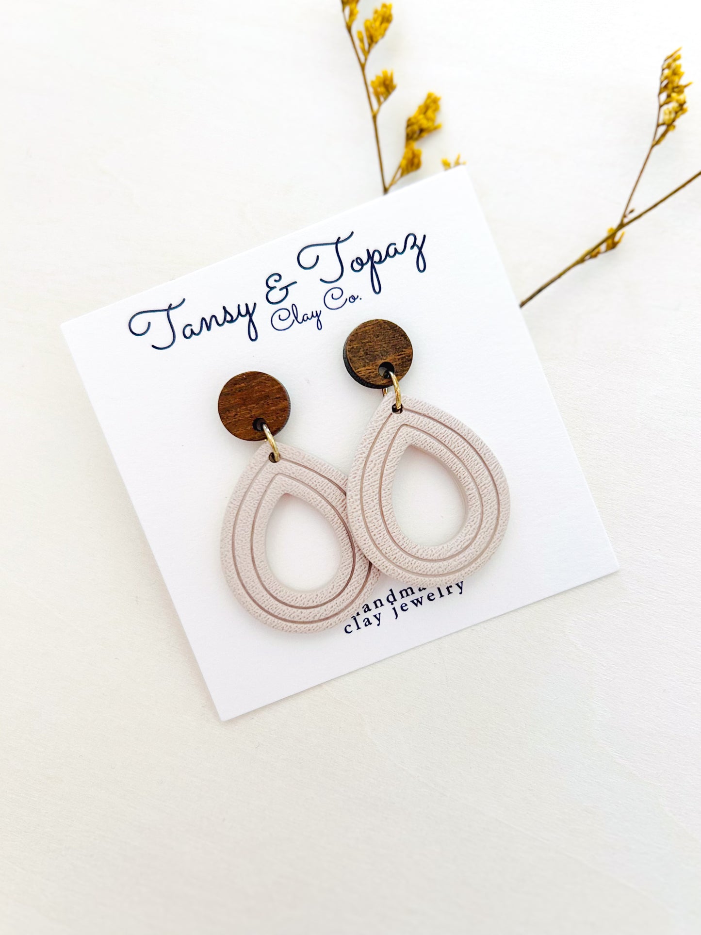 The Janelle - Textured Embossed Teardrop Dangles with Wood Topper
