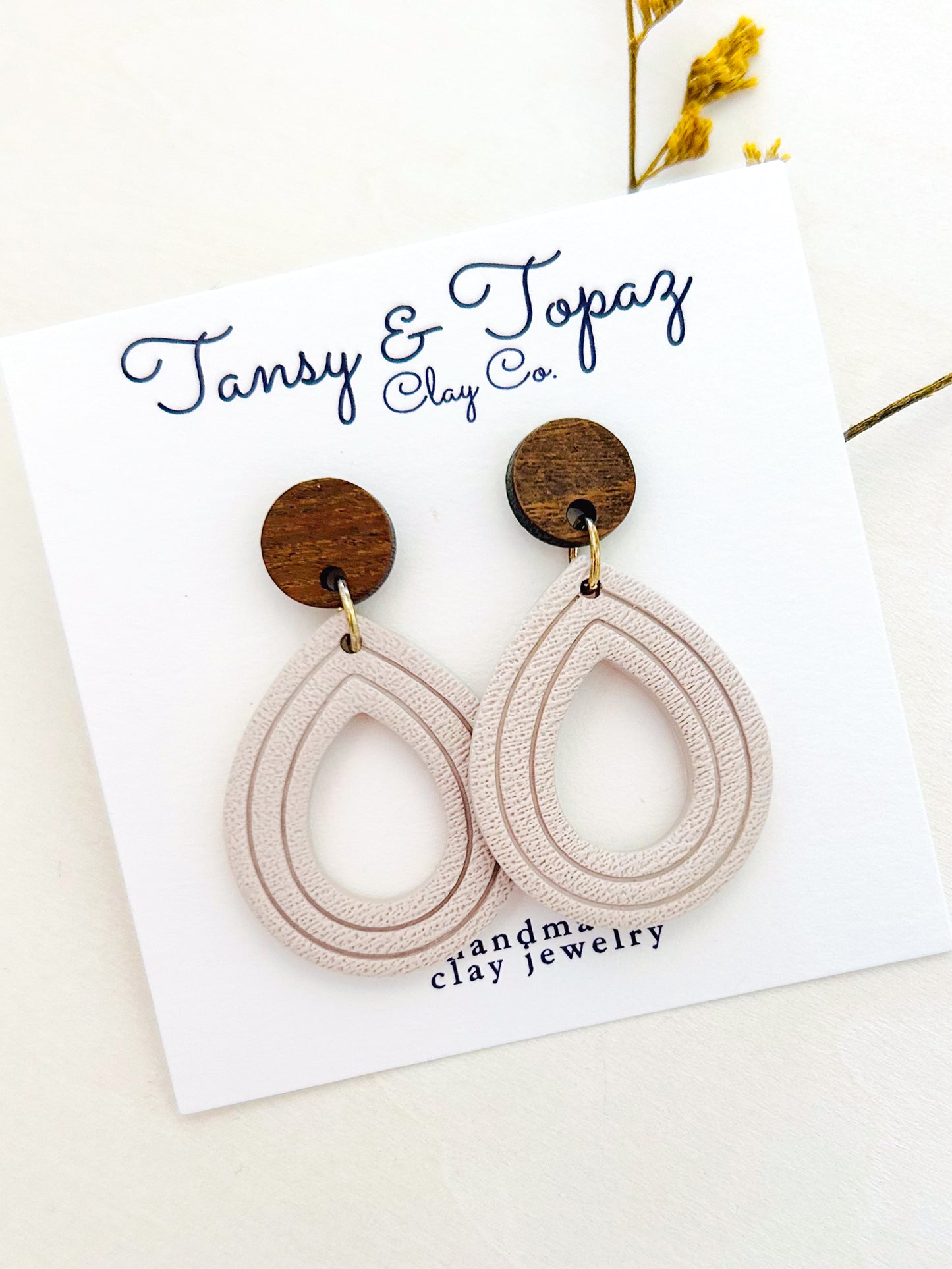 The Janelle - Textured Embossed Teardrop Dangles with Wood Topper