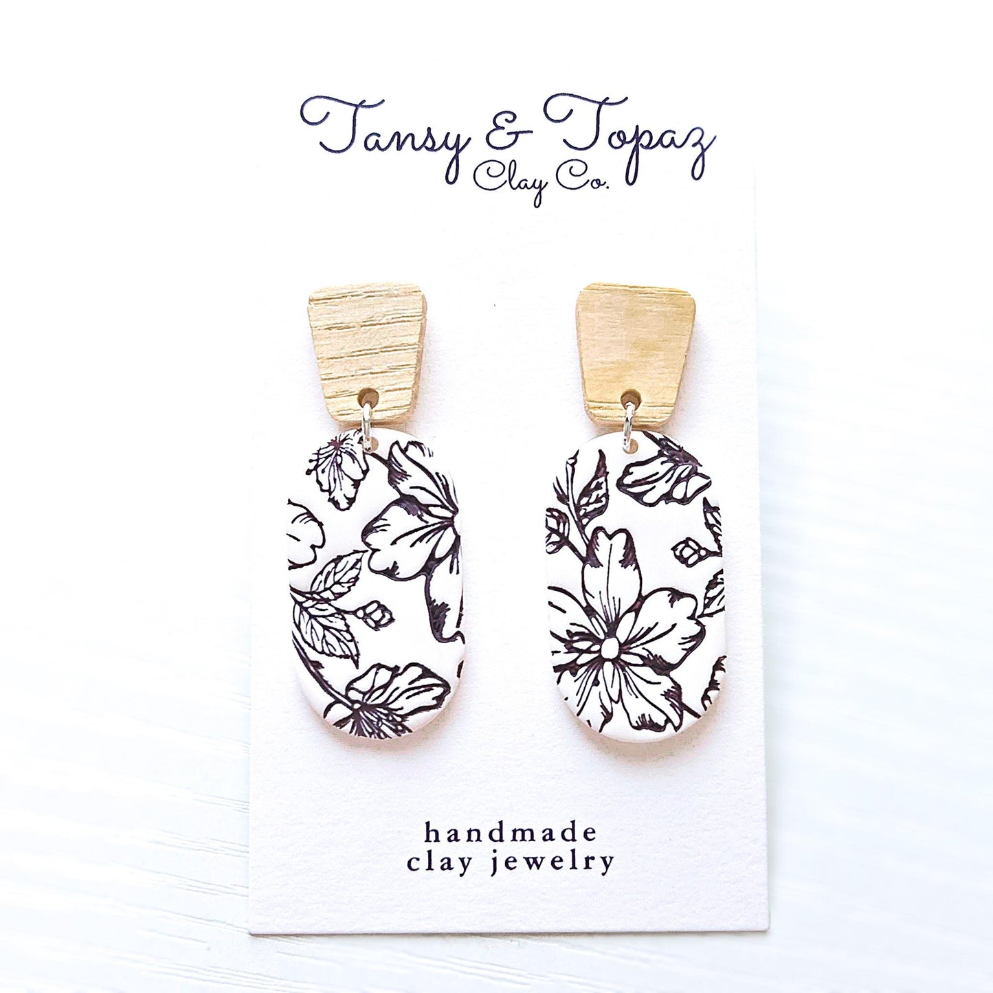 Polymer Clay Earrings: The Clemmy - Flower Dangle Earrings, Handmade, Wood Post Earrings, Black and White Floral Print, Gift for Her