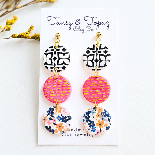 Polymer Clay Earrings: The Jodi - Round Earrings, Floral Print, Pink and Gold, 18k Gold Plated Jewelry, Fall Earrings, Gifts For Her