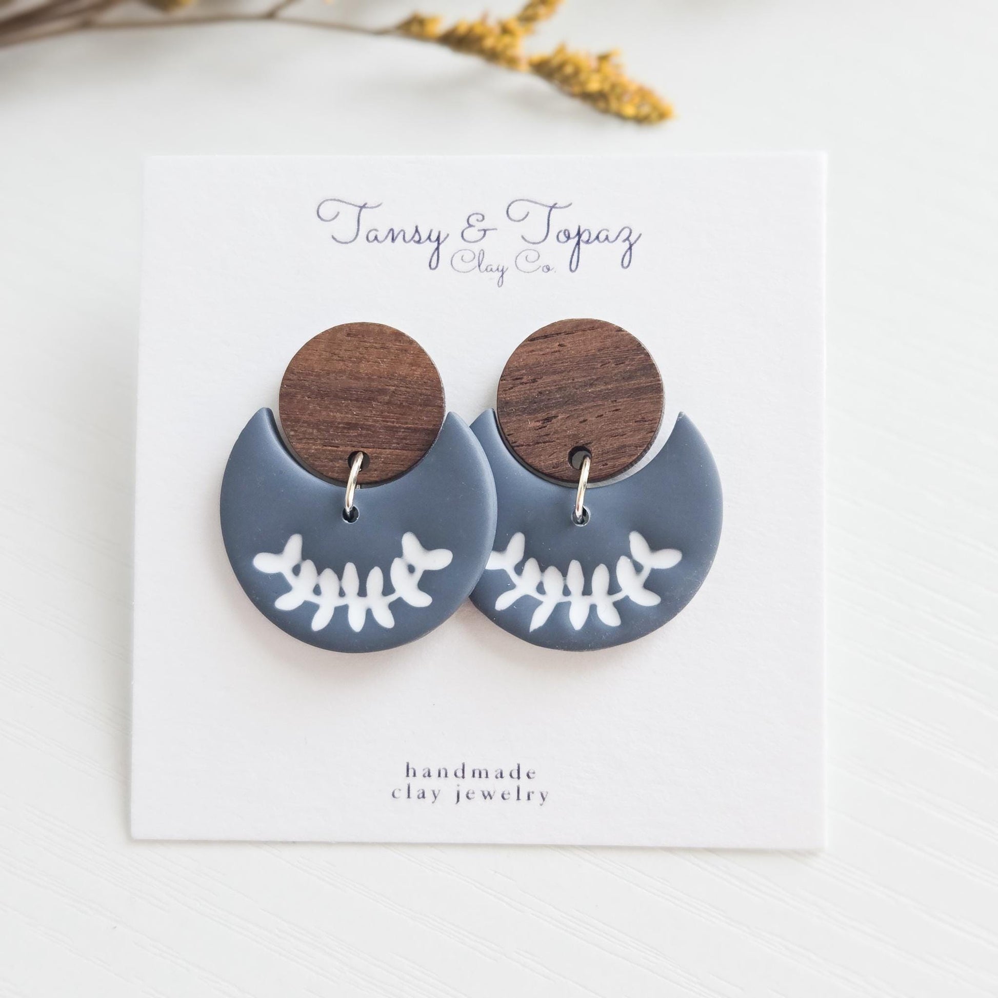 Polymer Clay Earrings: The Lilah - Embossed Floral Design, Wood Post, Flower Moon Earring, Handmade Clay Jewelry, Fall Earring, Gift for Her