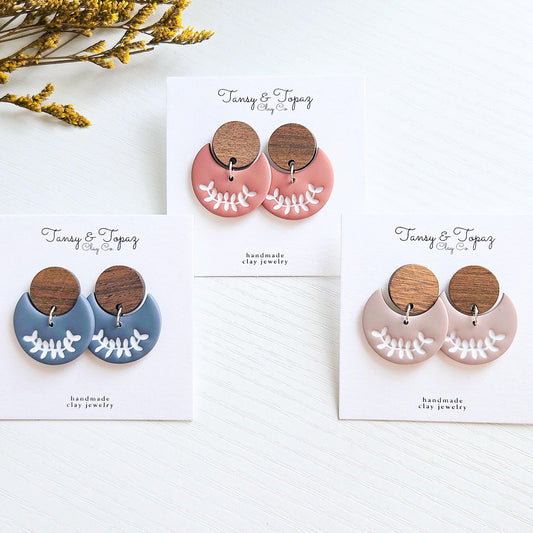 Polymer Clay Earrings: The Lilah - Embossed Floral Design, Wood Post, Flower Moon Earring, Handmade Clay Jewelry, Fall Earring, Gift for Her