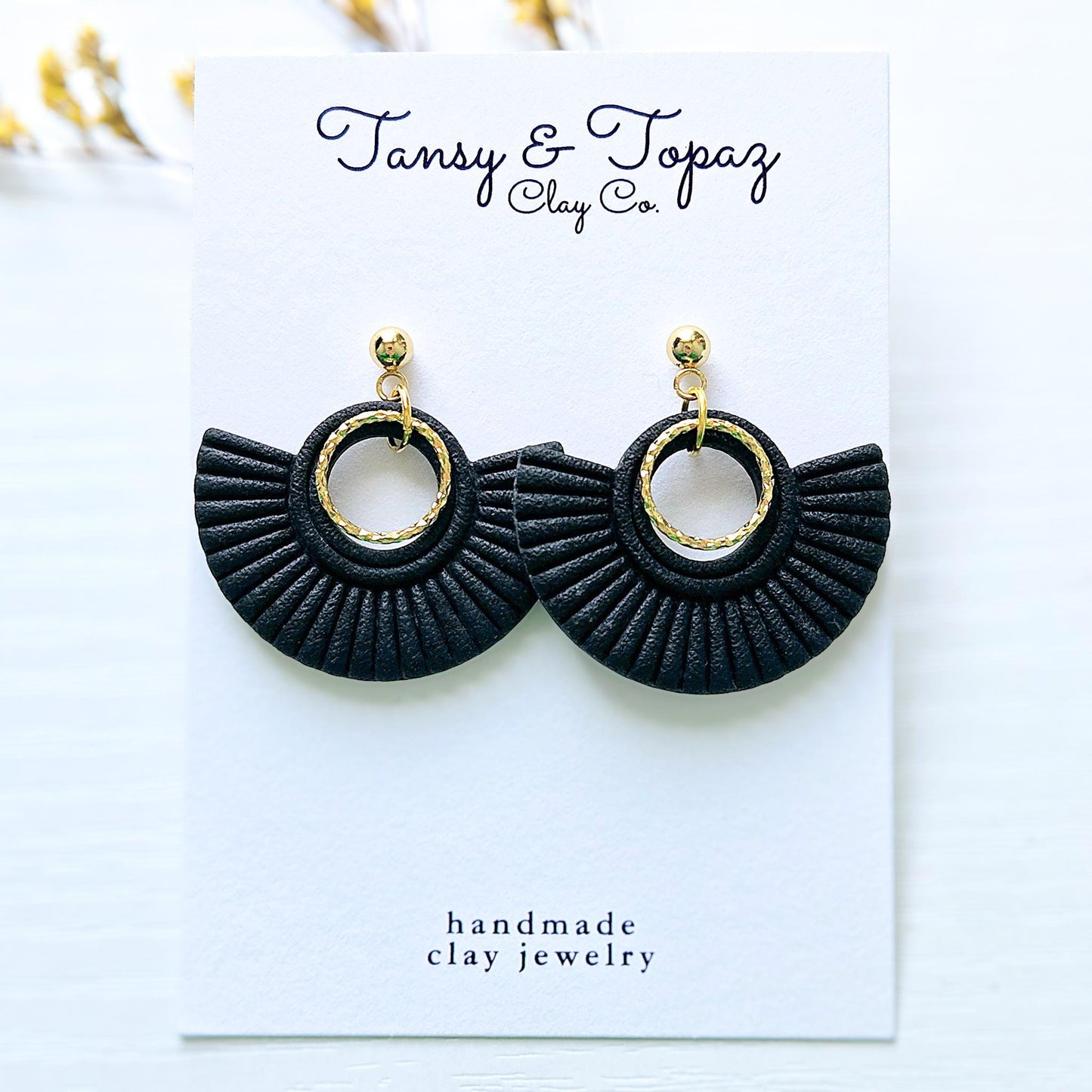 Black Dangle Earrings, Polymer Clay Earrings: The Carolyn - Gold Statement Jewelry, Boho Clay Earrings, Handmade Dangle Earrings, Gift