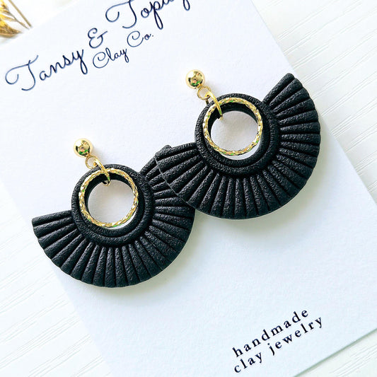 Black Dangle Earrings, Polymer Clay Earrings: The Carolyn - Gold Statement Jewelry, Boho Clay Earrings, Handmade Dangle Earrings, Gift