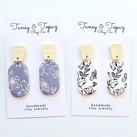 Polymer Clay Earrings: The Clemmy - Flower Dangle Earrings, Handmade, Wood Post Earrings, Black and White Floral Print, Gift for Her