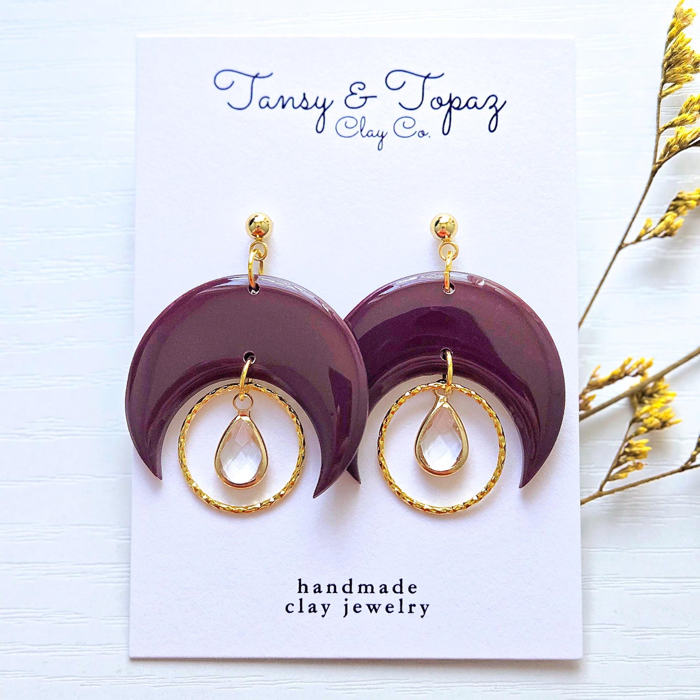 Polymer Clay Earrings: The Naomi - Moon and Gemstone Earrings, 18k Gold Plated Jewelry, Boho Jewelry, Teardrop Gem, Handmade Clay Earrings