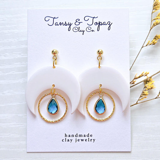 Polymer Clay Earrings: The Naomi - Moon and Gemstone Earrings, 18k Gold Plated Jewelry, Boho Jewelry, Teardrop Gem, Handmade Clay Earrings