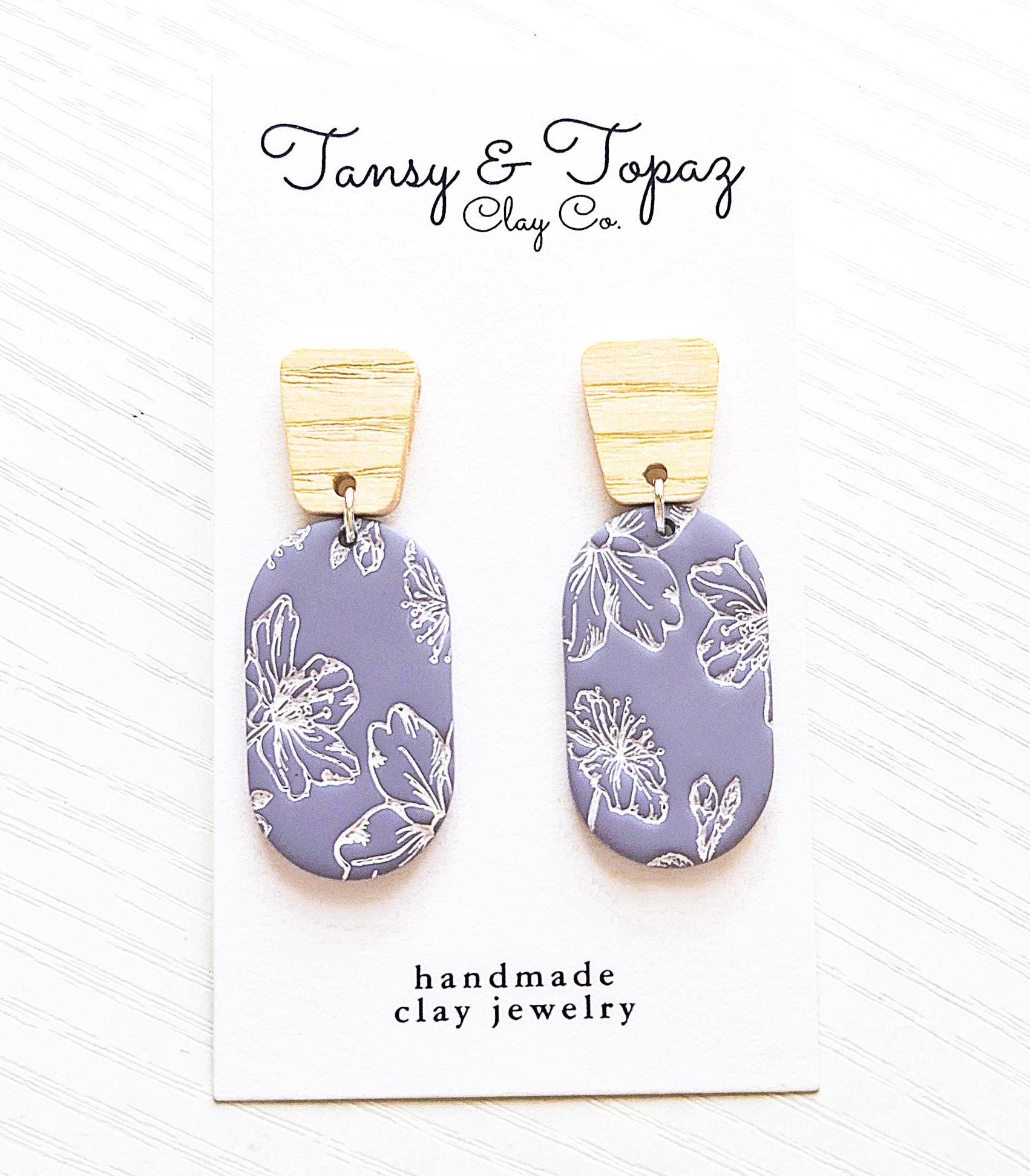 Polymer Clay Earrings: The Clemmy - Flower Dangle Earrings, Handmade, Wood Post Earrings, Black and White Floral Print, Gift for Her