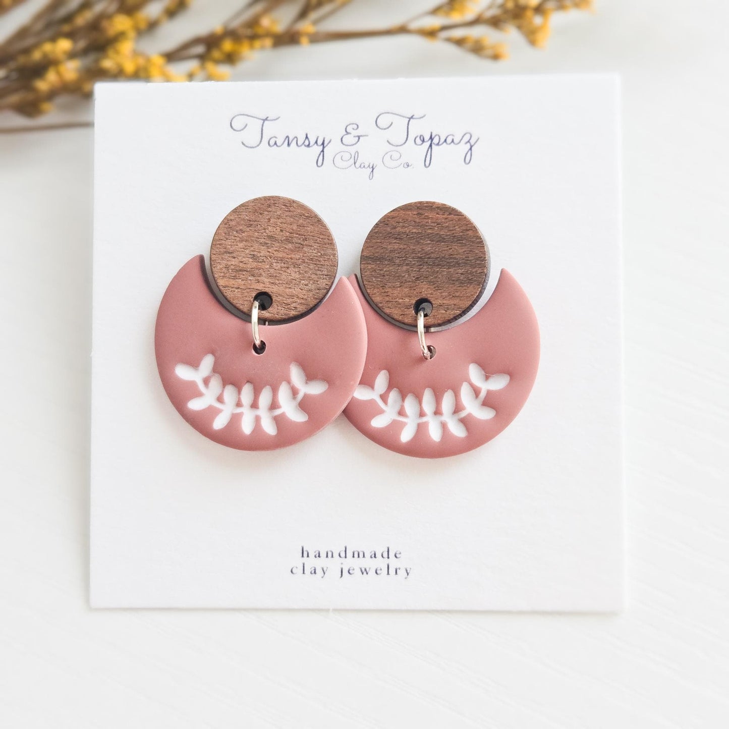 Polymer Clay Earrings: The Lilah - Embossed Floral Design, Wood Post, Flower Moon Earring, Handmade Clay Jewelry, Fall Earring, Gift for Her
