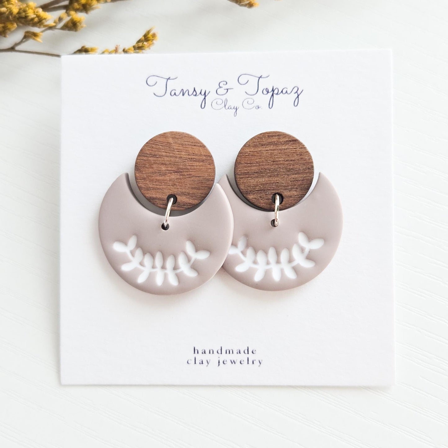 Polymer Clay Earrings: The Lilah - Embossed Floral Design, Wood Post, Flower Moon Earring, Handmade Clay Jewelry, Fall Earring, Gift for Her