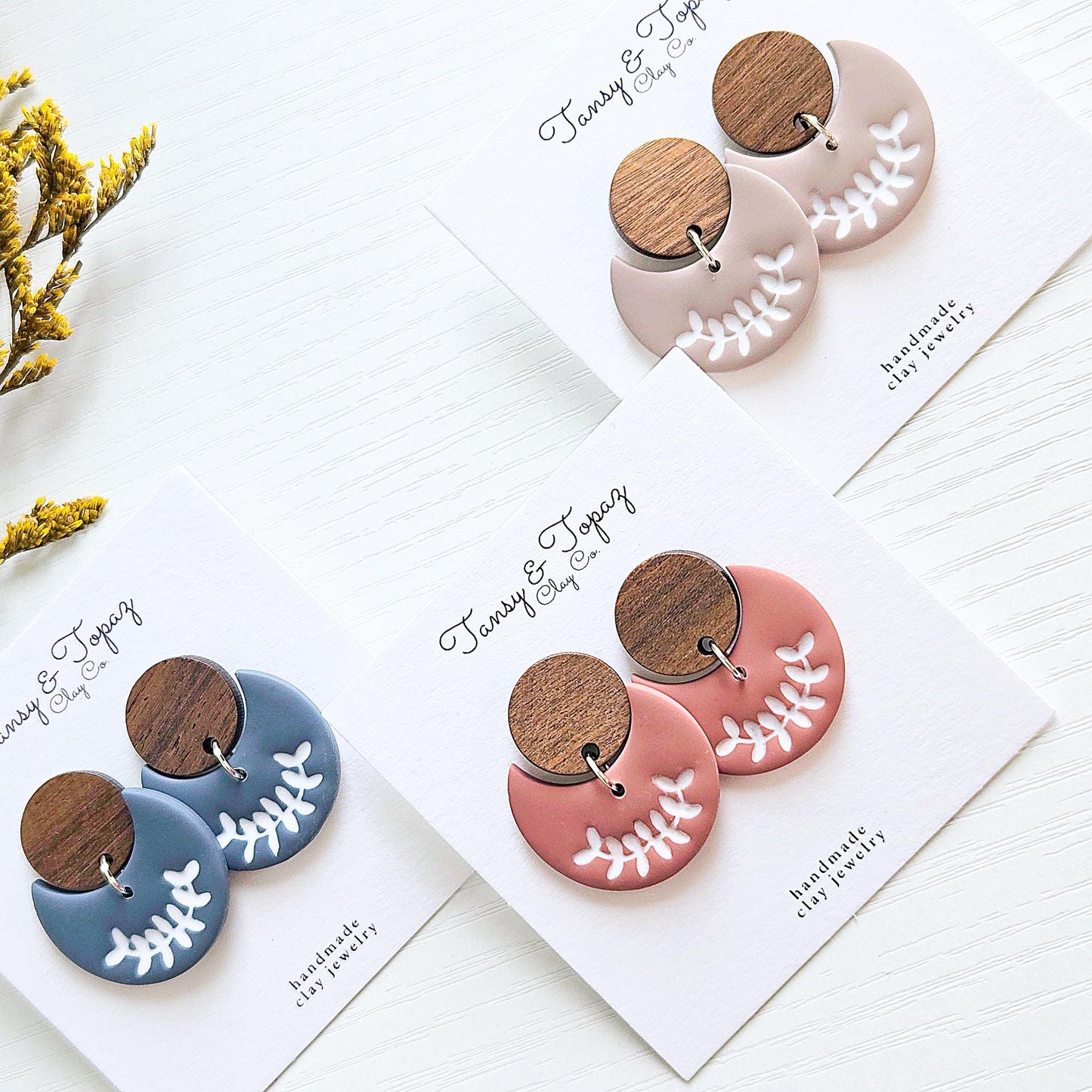 Polymer Clay Earrings: The Lilah - Embossed Floral Design, Wood Post, Flower Moon Earring, Handmade Clay Jewelry, Fall Earring, Gift for Her