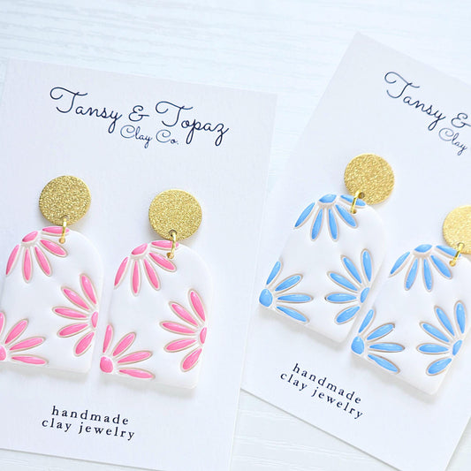Polymer Clay Earrings: The Aimee - Daisy Flower Earrings, Arch Dangle Earrings, Floral Jewelry, Blue and Pink. Gift for Her, Painted Flower