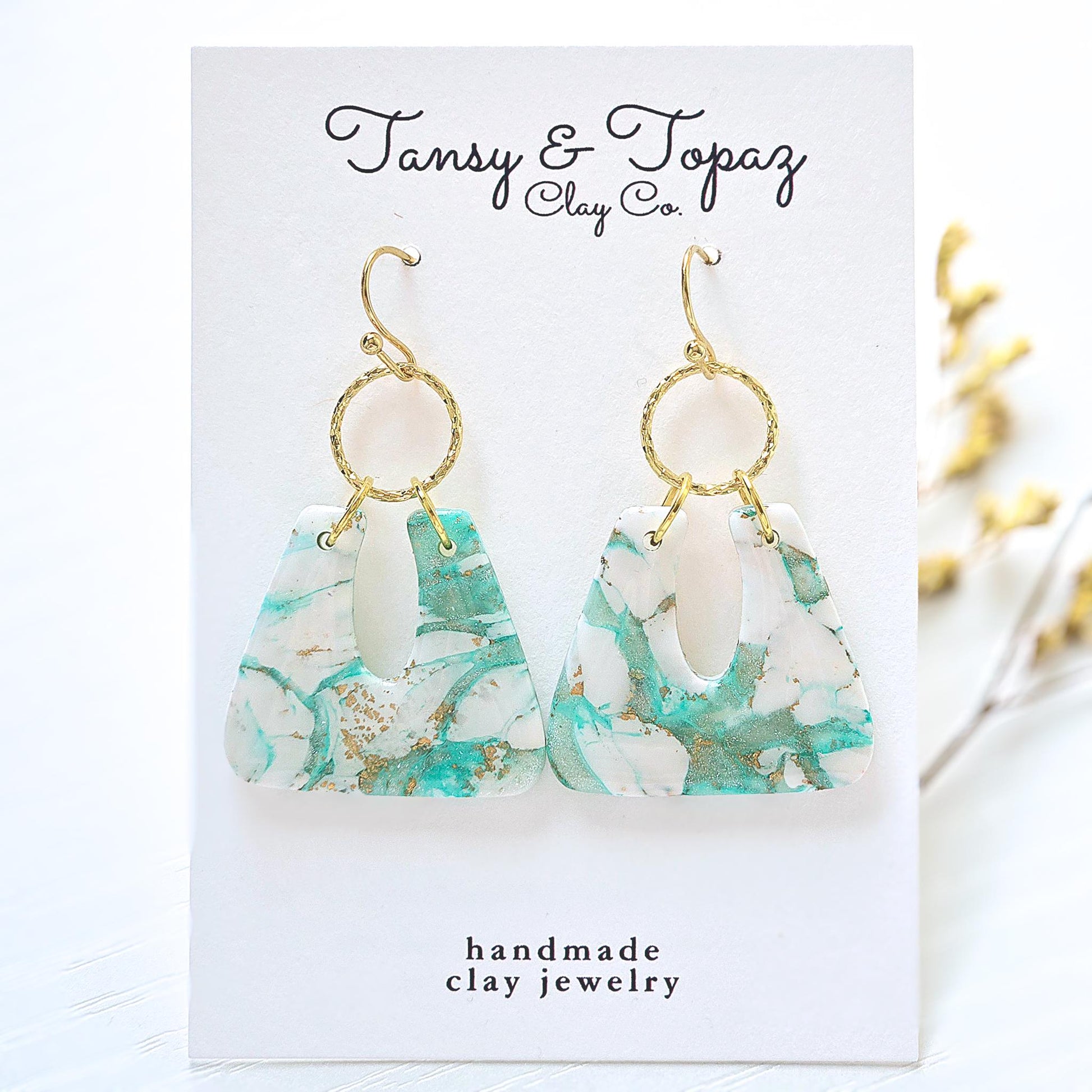 Polymer Clay Earrings: The Camilla - Marbled Clay Earrings, Teal and White Jewelry, 18k Gold Plated Jewelry, Gold Leaf, Fall Earring, Gift