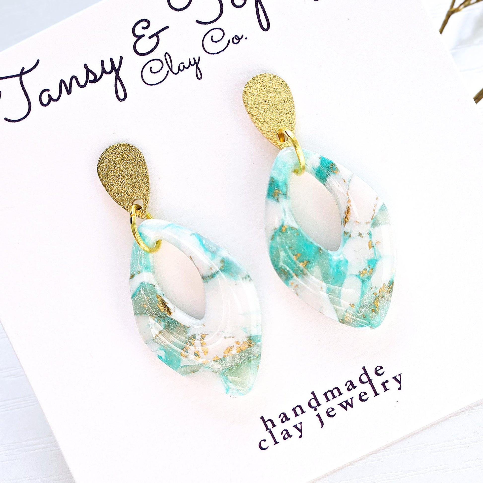 Fall Jewelry, Teal Teardrop Dangle, Polymer Clay Earrings: The Josie - Marbled Earrings, Small Dangle Earring, Gift for Her, Gold Statement