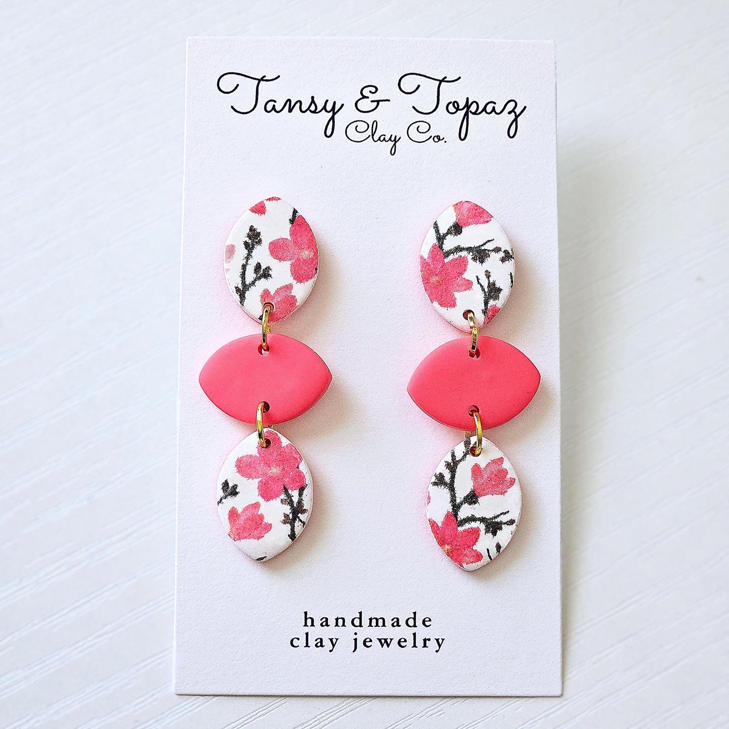 Polymer Clay Earrings: The Lenora - Watermelon Pink, 18k Gold Plated Jewelry, Floral Design, Bright Pink, Flower Jewelry, Gift for Her