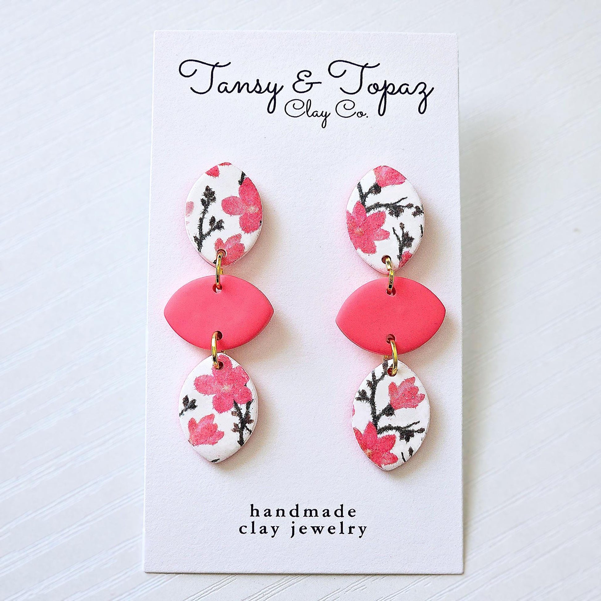Polymer Clay Earrings: The Lenora - Watermelon Pink, 18k Gold Plated Jewelry, Floral Design, Bright Pink, Flower Jewelry, Gift for Her