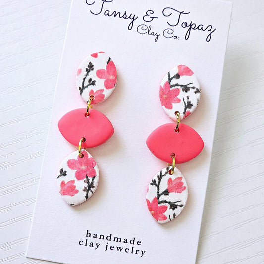 Polymer Clay Earrings: The Lenora - Watermelon Pink, 18k Gold Plated Jewelry, Floral Design, Bright Pink, Flower Jewelry, Gift for Her