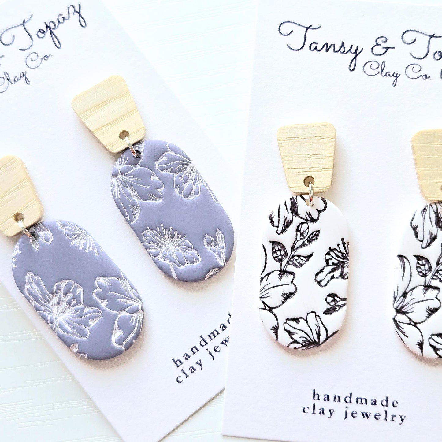Polymer Clay Earrings: The Clemmy - Flower Dangle Earrings, Handmade, Wood Post Earrings, Black and White Floral Print, Gift for Her