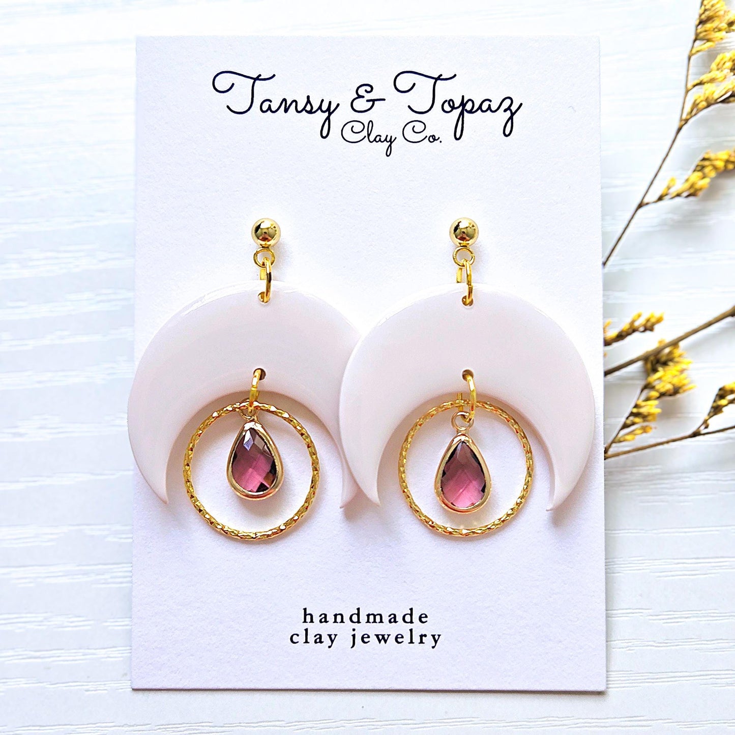 Polymer Clay Earrings: The Naomi - Moon and Gemstone Earrings, 18k Gold Plated Jewelry, Boho Jewelry, Teardrop Gem, Handmade Clay Earrings