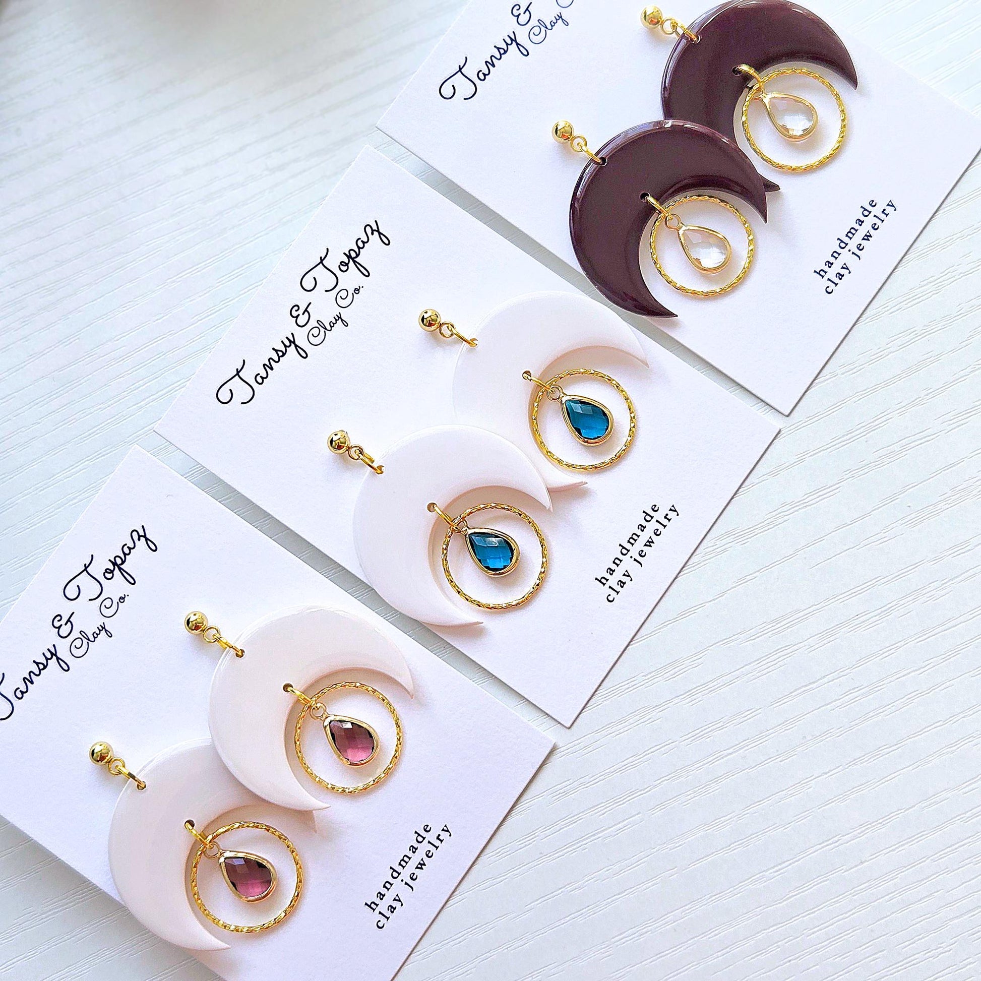 Polymer Clay Earrings: The Naomi - Moon and Gemstone Earrings, 18k Gold Plated Jewelry, Boho Jewelry, Teardrop Gem, Handmade Clay Earrings