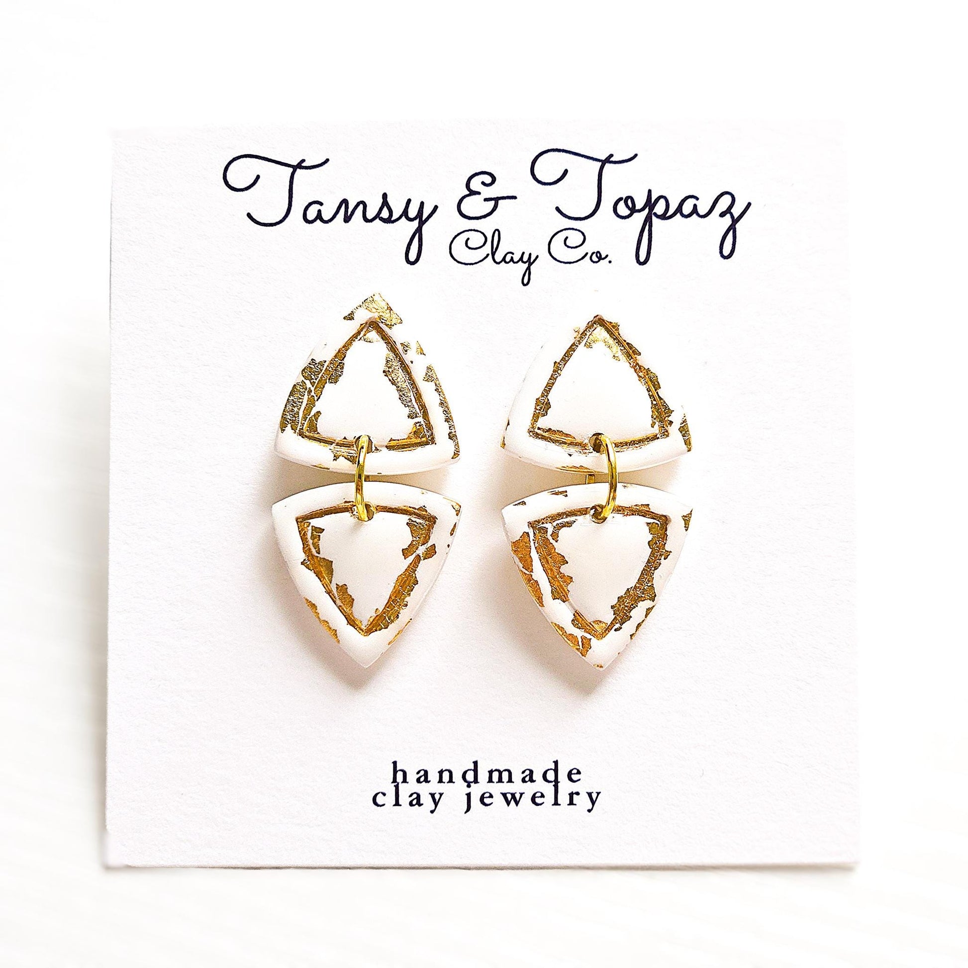 Polymer Clay Earrings: The Alexis - Gold Leaf Earrings, Triangle Shape, Dangle Earrings, Embossed Drop Earrings, Fall Jewelry, Gift for Her
