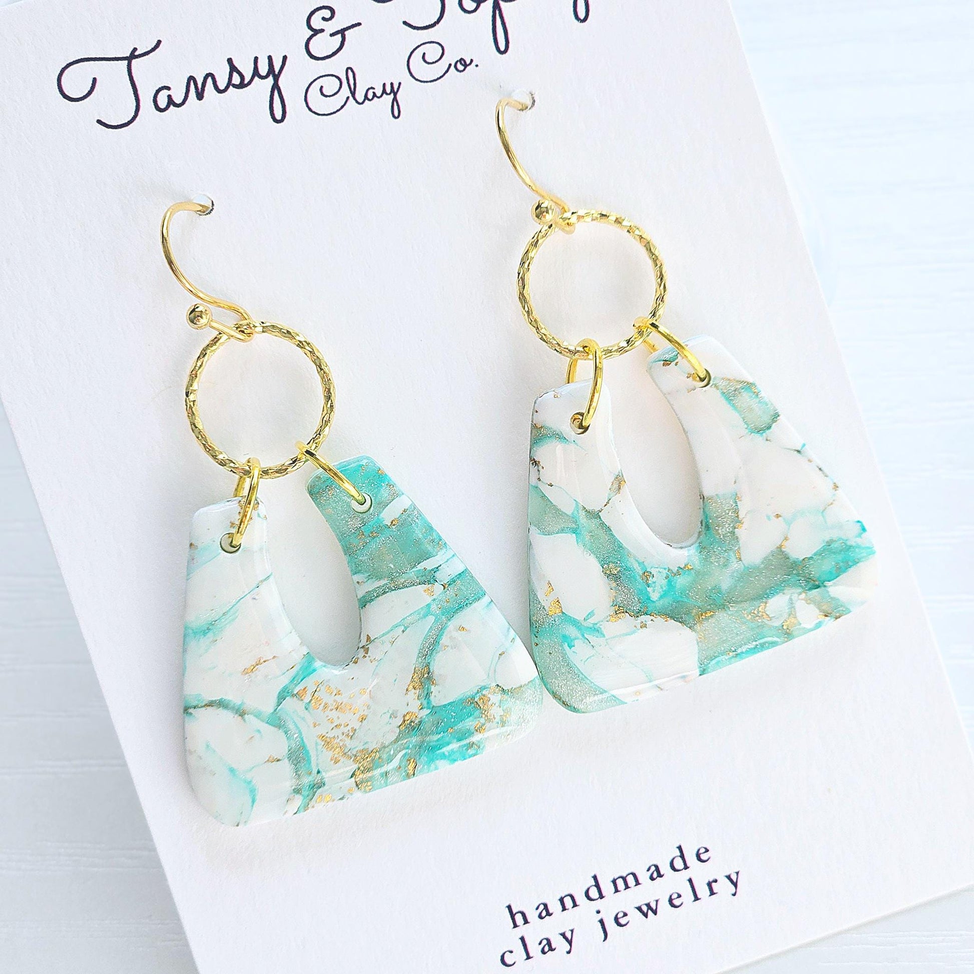 Polymer Clay Earrings: The Camilla - Marbled Clay Earrings, Teal and White Jewelry, 18k Gold Plated Jewelry, Gold Leaf, Fall Earring, Gift