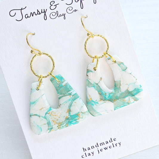 Polymer Clay Earrings: The Camilla - Marbled Clay Earrings, Teal and White Jewelry, 18k Gold Plated Jewelry, Gold Leaf, Fall Earring, Gift