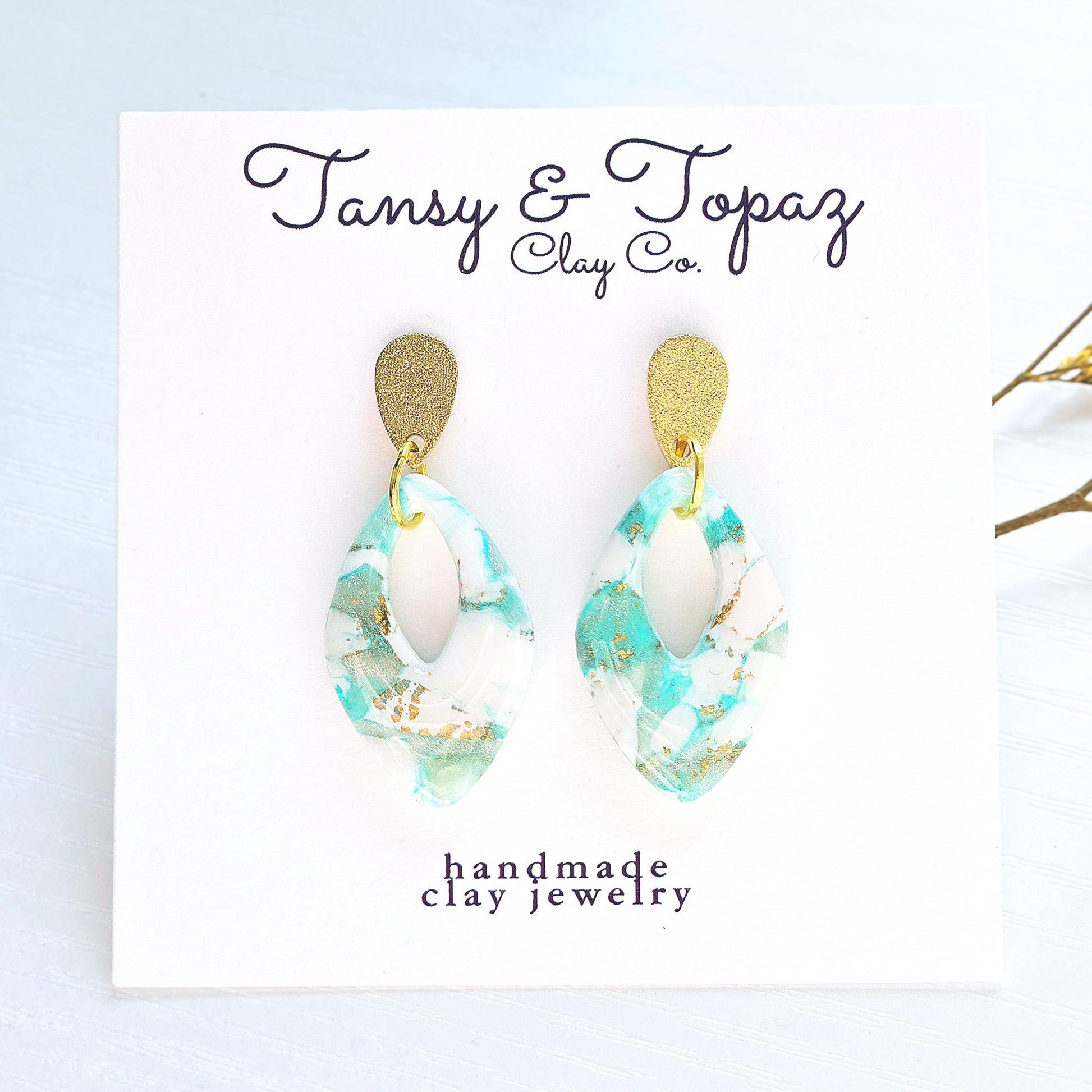 Fall Jewelry, Teal Teardrop Dangle, Polymer Clay Earrings: The Josie - Marbled Earrings, Small Dangle Earring, Gift for Her, Gold Statement
