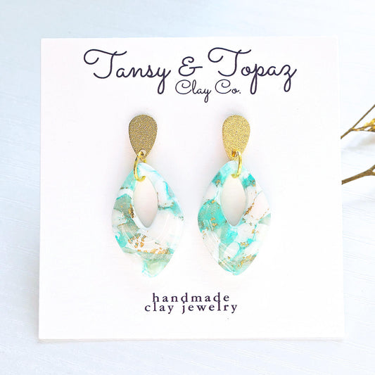 Fall Jewelry, Teal Teardrop Dangle, Polymer Clay Earrings: The Josie - Marbled Earrings, Small Dangle Earring, Gift for Her, Gold Statement