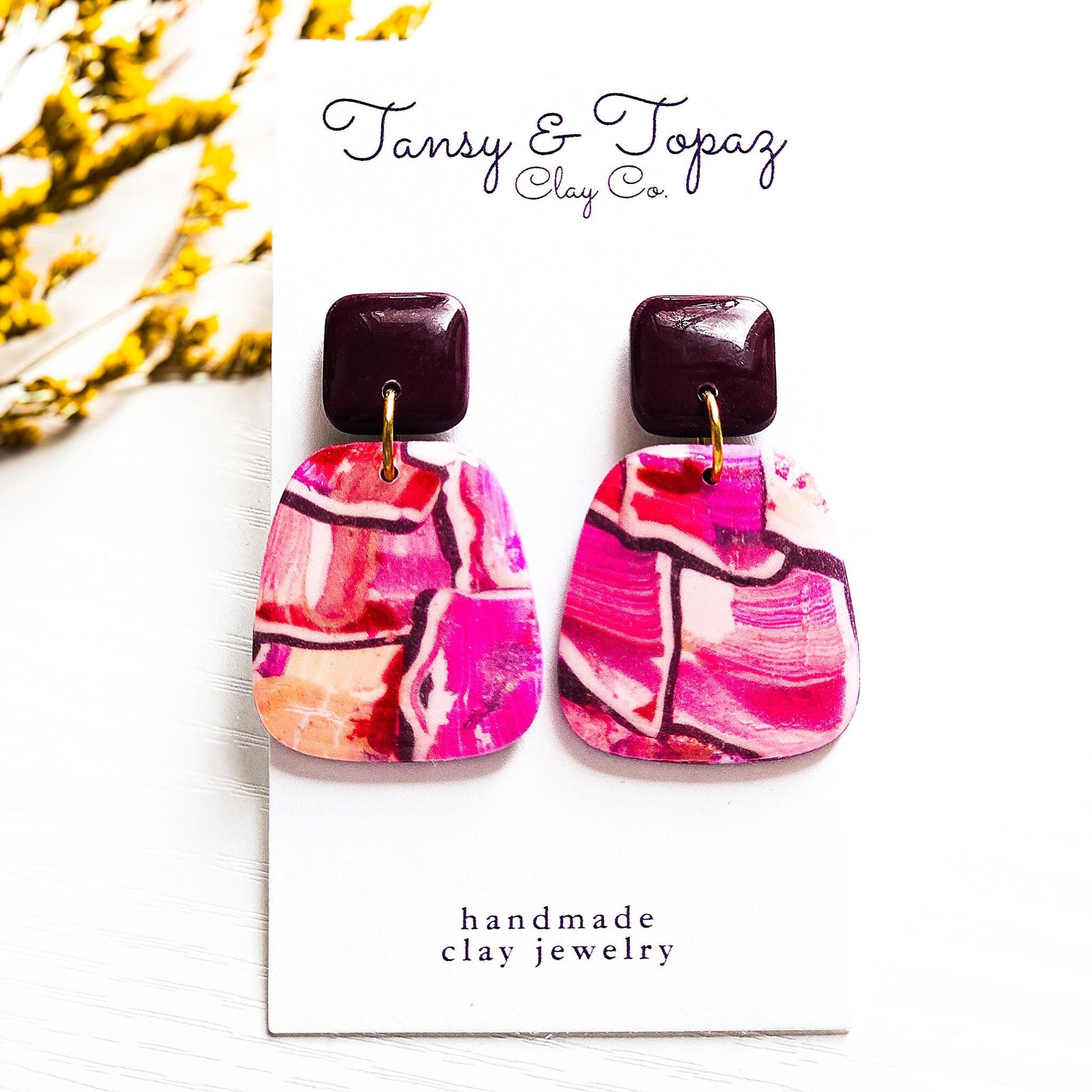 Polymer Clay Earrings: The Gina - Watercolor Marbled Clay Dangle, Trapezoid Shape, Fall Jewelry, Gift for Her, 18k Gold Plated Jewelry