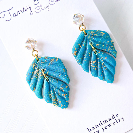 Fall Jewelry, Leaf Earrings, Polymer Clay Earrings: The Trisha - Gold Statement Jewelry, Turquoise Earrings, Clay Earrings, Gifts for Her